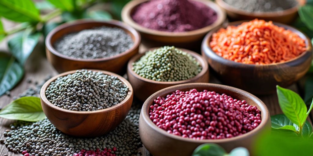 Chia seeds in bowls with green leaves around them.